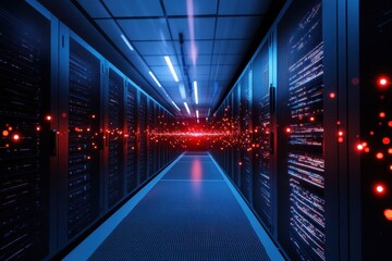 Poster - Data center corridor with illuminated servers and digital connections at night