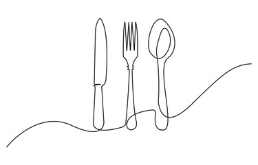 Poster - Continuous one line drawing of a knife, spoon, and fork, line art. simple drawing. vector illustration.