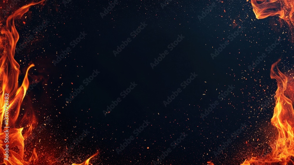 Bright orange fire flames flickering on a deep black background ...