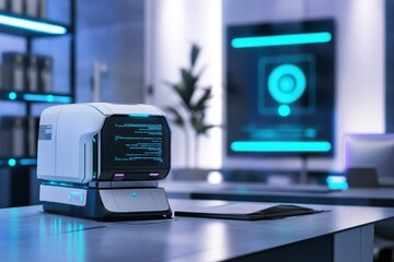 Fototapete - Innovative computer device in a futuristic office environment with glowing accents