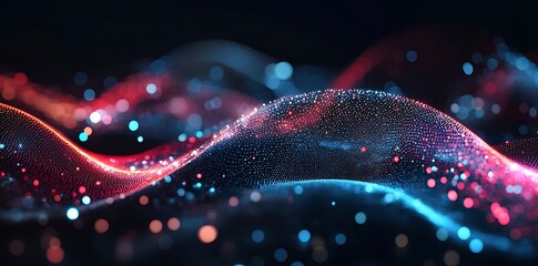 Aufkleber - Abstract background featuring colorful, glowing light waves and connecting dots on a black backdrop, symbolizing digital data transfer and connectivity in a modern tech environment.