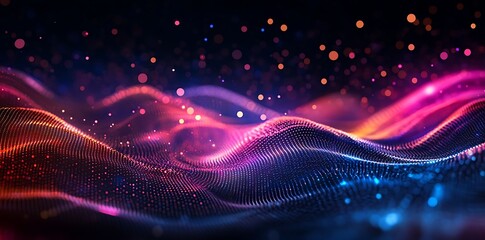 Aufkleber - Abstract background featuring colorful, glowing light waves and connecting dots on a black backdrop, symbolizing digital data transfer and connectivity in a modern tech environment.