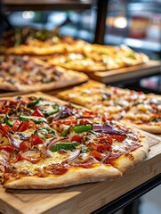 Poster - Freshly baked large pizza with vibrant toppings displayed in grocery store setting featuring golden crust