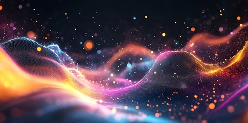 Aufkleber - Abstract background featuring colorful, glowing light waves and connecting dots on a black backdrop, symbolizing digital data transfer and connectivity in a modern tech environment.