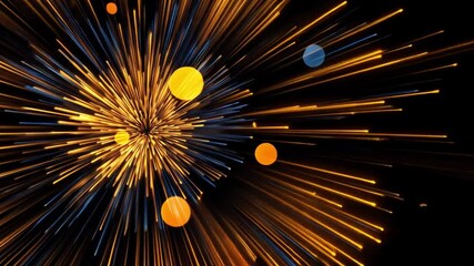 Poster - bright gold starburst effect with radiant light rays capturing sparkling motion against a dark backg