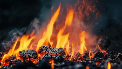 Poster - Fiery Flames Erupting from Charred Wood Embers in a Dark Smoky Environment, Capturing the Intensity and Heat of a Bonfire Experience