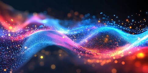 Aufkleber - Abstract background featuring colorful, glowing light waves and connecting dots on a black backdrop, symbolizing digital data transfer and connectivity in a modern tech environment.
