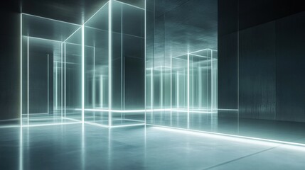 Fototapete - Floating glass panels create an abstract futuristic indoor space with soft, ambient glowing edges and a minimalist atmosphere