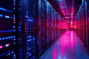 Poster - Modern data center filled with servers and illuminated racks at night highlighting technology and infrastructure