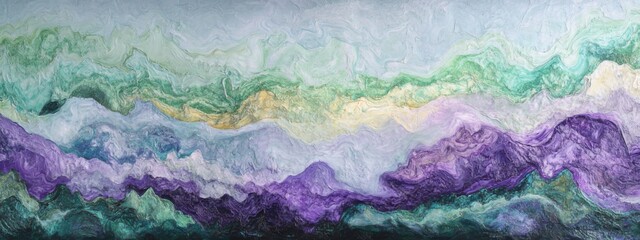 Poster - Colorful abstract landscape with swirling patterns in shades of purple, green, and blue at sunset over mountains