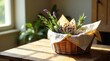 © Kittipat - A wicker basket filled with fragrant herbs and lavender blossoms, gently draped in a soft cloth, sits on a sunlit wooden table near a window.