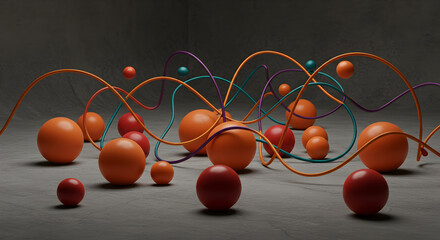 Poster - Abstract Geometric Composition with Spheres and Wires in Orange Red Purple and Teal Hues