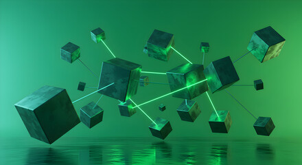 Poster - Abstract Green Cubes Connected By Glowing Lines on a Shiny Surface in a Geometric Design