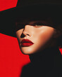 © Augustino - Ultra luxury fashion beauty brand concept. Close up portrait of young fashionable female model posing on scarlet background. Crop. Perfect make-up. Luxurious poster style. Studio shot