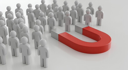 Poster - Red Magnet Attracting a Crowd of Gray People in a Recruitment Themed Composition on a White Background