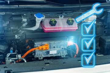 Fototapete - Electric van with open hood and service symbol. Electric vehicles maintenance