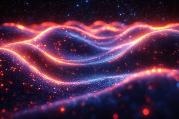 Poster - Waves of vibrant light create a mesmerizing landscape of color and sparkles in a cosmic setting at night