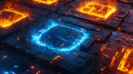 Aufkleber - Abstract neon frames with fire and ice energy effect. Circle and square signs with border of burning magic blue and orange flame with sparks, vector realistic set