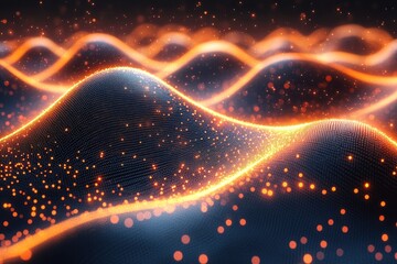 Poster - Dynamic wave patterns with glowing particles create an immersive visual experience in an abstract digital landscape