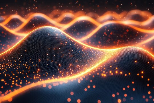 Dynamic wave patterns with glowing particles create an immersive visual experience in an abstract digital landscape