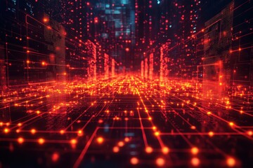 Poster - Vibrant digital landscape with glowing red lines creating a tech-inspired atmosphere in an abstract arrangement