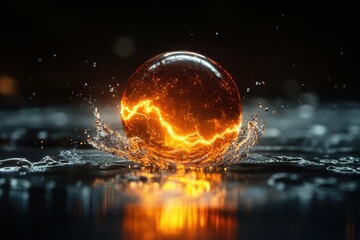 Poster - Bright flame-like sphere creates dramatic splash in water at night