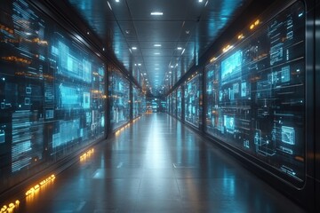 Poster - Futuristic corridor with glowing data displays in a high-tech facility during late evening hours