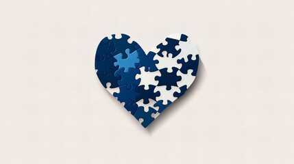 Poster - Puzzle heart is assembled with blue and white pieces on a light background, casting a subtle shadow.
