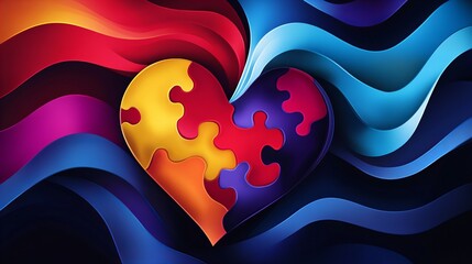 Poster - puzzle heart features colorful jigsaw pieces with wavy striped design elements around it.