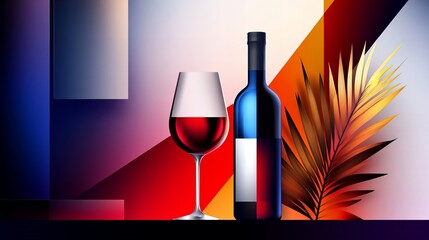 Poster - red wine is showcased in a glass next to a bottle against an abstract multicolored geometric backgro