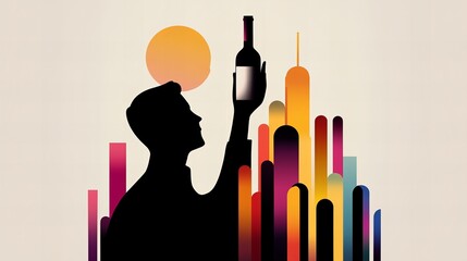 Poster - silhouette of a man holding a wine bottle in front of colorful, abstract building structures under a