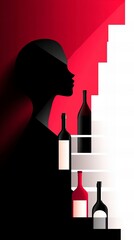 Poster - silhouette of a woman overlooks descending staircase showcasing an array of wine bottles against a g