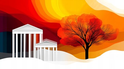 Poster - stylized buildings stand near a vibrant tree, all set against a backdrop of warm, layered colors tha