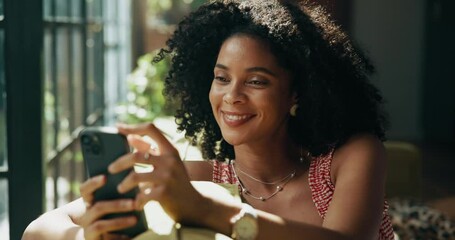 Poster - Home, relax and woman on sofa, smartphone and smile with connection, social media and internet. Apartment, mobile user and happy person on couch, cellphone and digital app with network and email