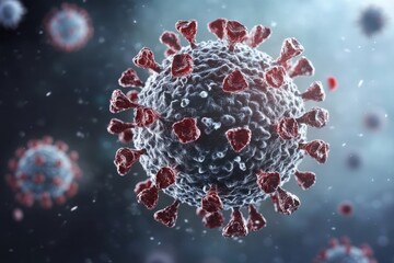Poster - Detailed depiction of a coronavirus particle with surface spikes in a dark background