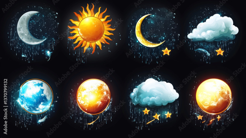 Ilustración de Stock Weather meteo icons realistic set vector ...