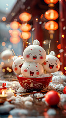 Wall Mural - bowl of small white pastries with smiling faces on them. the bowl is red and has a design on it. the