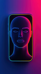 Poster - vibrant smartphone displaying stylized, illuminated face with neon colors, representing advanced technology and digital interaction