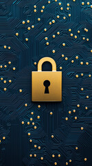 Poster - golden padlock stands prominently against backdrop of intricate blue circuit patterns, symbolizing security and digital protection. design evokes