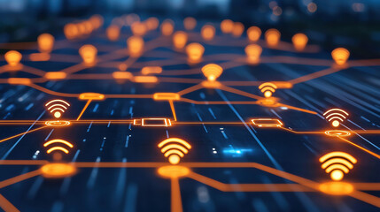 Poster - Innovative connectivity with glowing icons representing IoT and AI technology, showcasing network of devices and signals in digital landscape