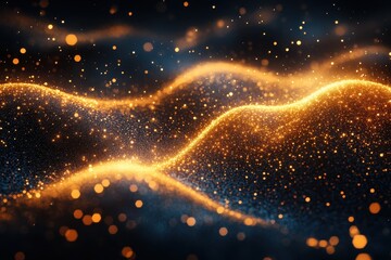 Poster - Elegant golden particles flowing in waves through a dark backdrop create a mesmerizing visual effect