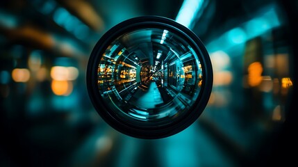 Poster - Reflective lens captures a tunnel effect.  A circular lens, reflecting a vibrant tunnel, with blurred background lights in a dynamic composition