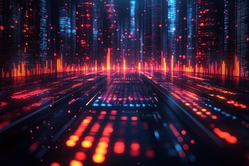 Poster - Digital cityscape with vibrant data visualization at night showcasing technology and innovation