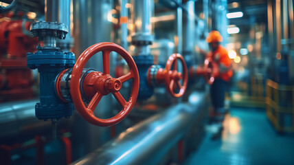 Poster - Work on industrial pipelines by an oil and gas technician in a vibrant facility