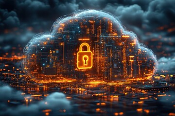 Poster - Digital cloud with glowing lock symbol representing cybersecurity in a futuristic cityscape at night