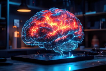 Poster - Innovative digital representation of a glowing brain in a modern workspace at night showcasing neural activity