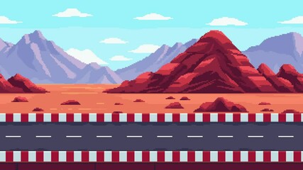 Poster - pixel art racing game level background. pixel retro design. 8-bit image. 2d racing track. mountains, blue sky, race arcade. Video animation.