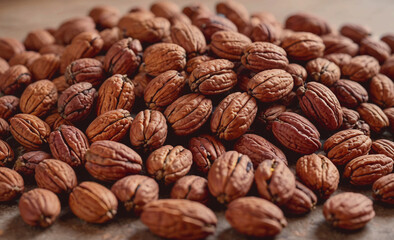 Poster - Pile of nuts with a brown color. The nuts are scattered all over the surface. There are many nuts in the pile