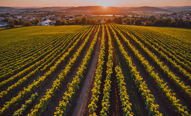 Poster - Field of grapes with a sun in the sky. The sun is in the background. The grapes are in rows