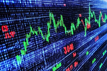 Poster - A futuristic concept of the world trade market, featuring a digital screen displaying financial graphs and diagrams, set against a backdrop of towering skyscrapers in a bustling megacity